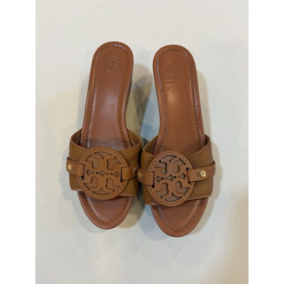 Tory Burch Size 9.5 Brown Leather Patty Wedge Sandals Slide Logo Gold - Picture 1 of 5